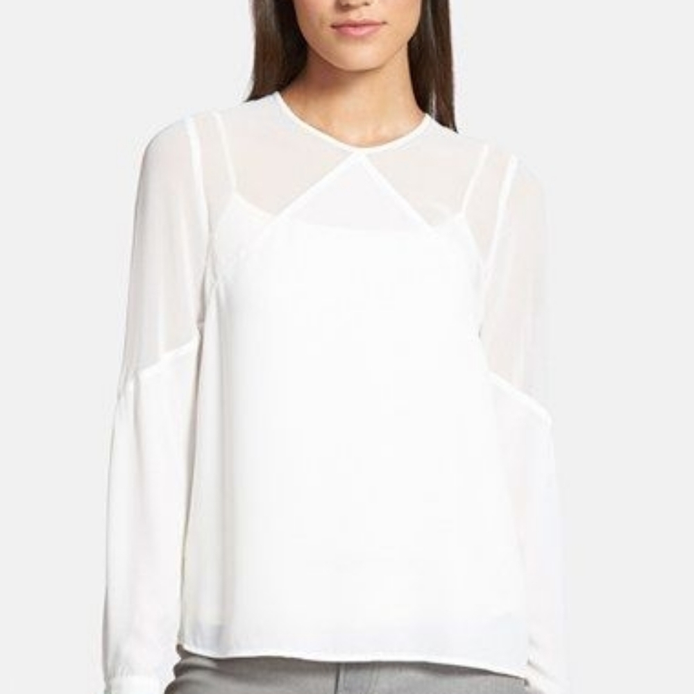 1. State Top Blouse Sheer Yoke White Keyhole Boho Spring Summer Chic Neutral
